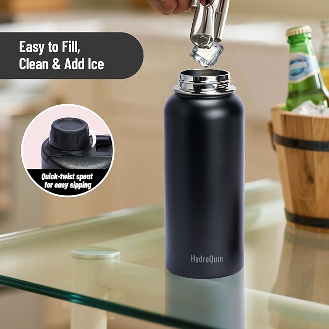 32oz Water Bottle with Comfort Grip Handle, HydroQuin Gym Water Bottle, Insulated Steel Water Bottle with Wide Mouth, No Straw