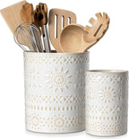 LOVECASA Utensil Holder, 7.2"+5.4" Ceramic Utensil Holder for Countertop, Large Cooking Utensil Crocks for Kitchen Counter, Farmhouse Utensil Vase for Housewarming, Kitchen Decor, Set of 2, Oasis