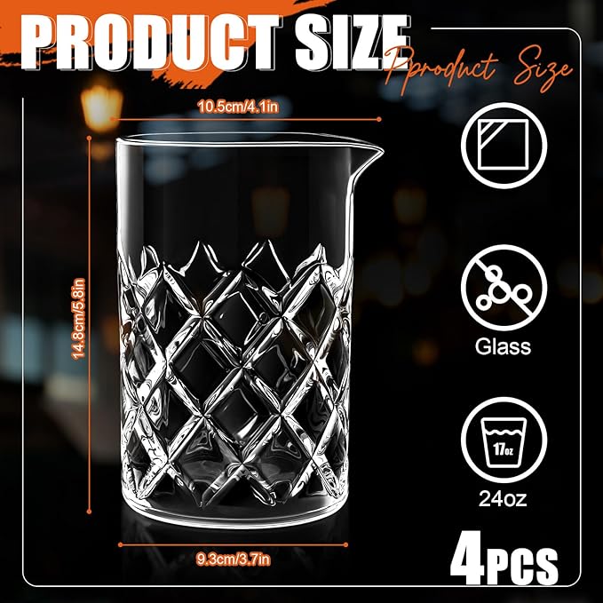 Dandat Cocktail Mixing Glass Crystal Stirring Glass Thick Bottom Seamless Cocktail Pitcher for Home Bartender Bar Whiskey Martini Drink Shaker Accessories(4 Pcs,24 oz)