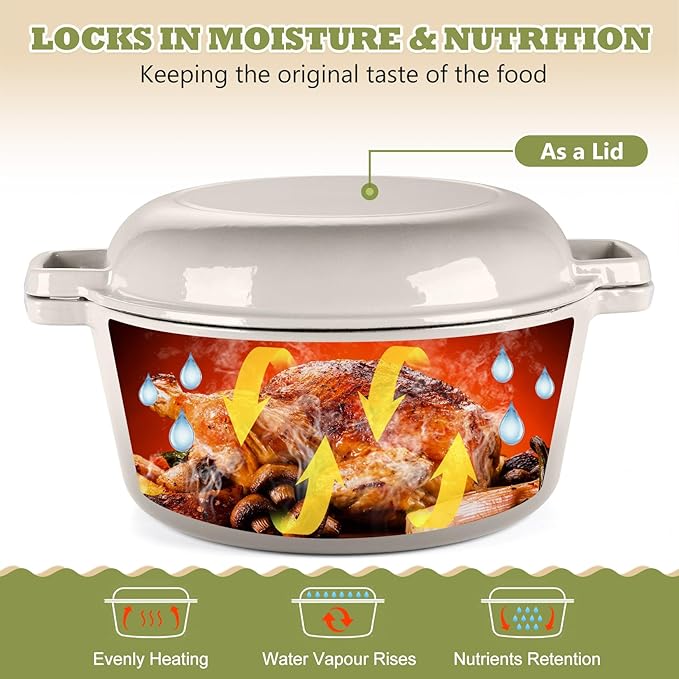 P&P CHEF 5Qt Dutch Oven Pot for Bread Baking (Khaki), 2 In 1 Round Cast Iron Dutch Oven with Lid Set, Skillet & Pot for Roasting Braising Stewing Frying Simmering, Multi Stoves & Oven Safe