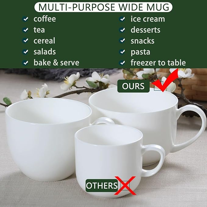 Chulan Large 25 oz Lightweight Fine Bone China Mugs, White Ceramic Soup Mugs,Over 45% Bone Content for Porcelain Soup, Latte, Milk, Coffee, Microwave Safe,Set of 4 Easy to Clean Moonlight Series