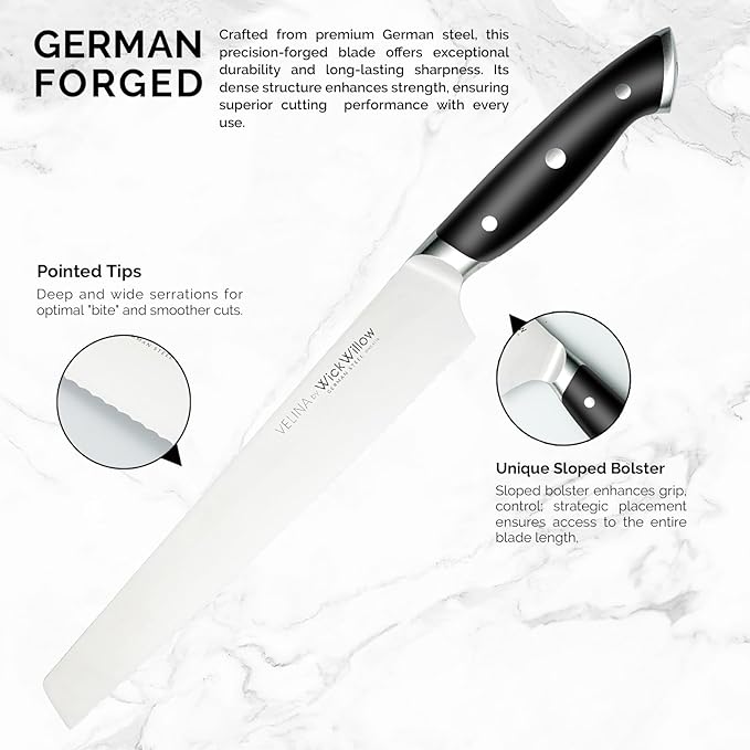 10” Bread Knife – Razor Sharp German Steel DIN1.4116 – Serrated Knife for Slicing Homemade Bread, Sourdough & Cake – Full Tang & Ergonomic Handle – Gift Box – Velina series