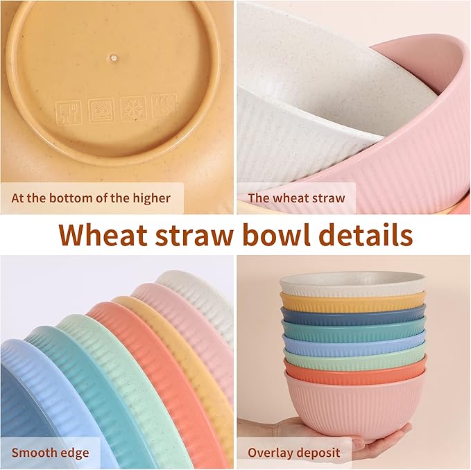 Reusable Bowls Set Unbreakable Cereal Bowls,24 OZ Wheat Straw Fiber Lightweight Bowl Sets 8, Microwave and Dishwasher Safe,Use for Ramen, Soup, Salad -Multi Color