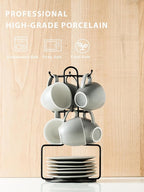 YHOSSEUN Porcelain Espresso Cups Set and Metal Stand 3 OZ Demitasse Cup For Coffee Shot, Mugs for Latte, Cafe Mocha, Cappuccino, and Tea, Serve for 6 Gray