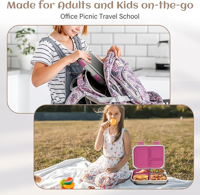 Stainless Steel Bento Box Kids, 3 Compartments Leak Proof Metal Bento Lunch Box, 304 Stainless Steel Bento Lunch Containers for School and Office,Dishwasher Safe, BPA-Free-Pink