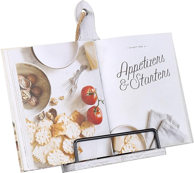 Soligt Cookbook Stand for Kitchen Counter Adjustable Recipe Book Holder Rustic Wood Cutting Board Style - White