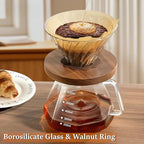 Pour Over Coffee Maker Set 20 oz, 600 ml Borosilicate Glass Coffee Server with Glass Lid, 50 pcs Paper Filter, Walnut Handle Pour Over Coffee Dripper for Home Café Restaurant, Clear