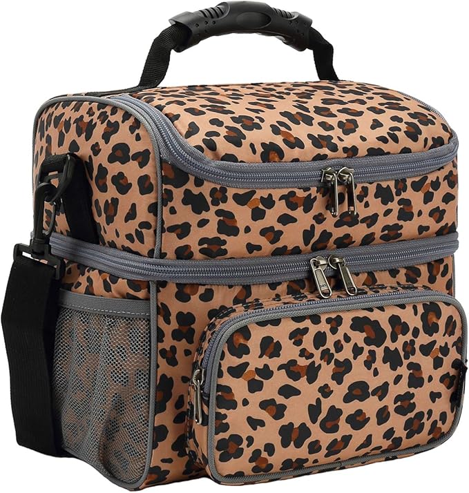 FlowFly Double Layer Cooler Insulated Lunch Bag Adult Lunch Box Large Tote Bag for Men, Women, With Adjustable Strap,Front Pocket and Dual Large Mesh Side Pockets