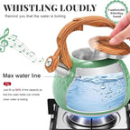 GGC Tea Kettle for Stove Top, Loud Whistling Kettle for Boiling Water Coffee or Milk, 3.1 Quart 3L Heavy Stainless Steel Green Tea Pot with Wood Pattern Handle, Unique Button Control Outlet