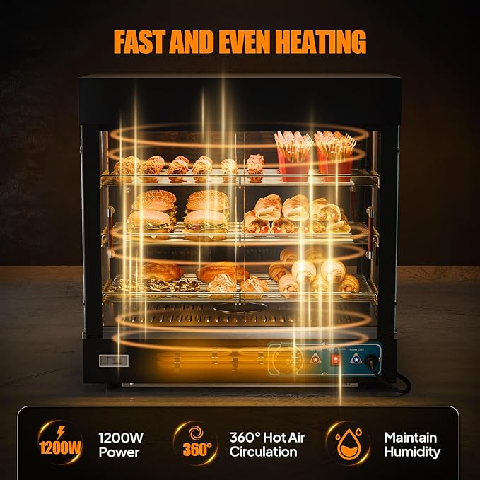 ROVSUN 26" Commercial Food Warmer Display Pizza Warmer, 3-Tier Electric Countertop Food Warmer w/LED Lighting, Adjustable Removable Shelves & Glass Door, Pretzel Warmer for Buffet Restaurant 1200W