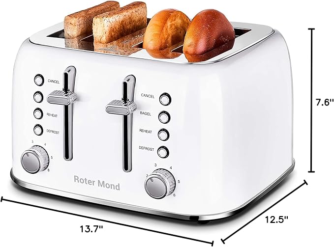Roter Mond Toaster 4 Slice Retro Stainless Steel with Extra Wide Slots Bagel, Defrost, Reheat Function, Dual Independent Control Panel, Removable Crumb Tray, 6 Browning Levels, White