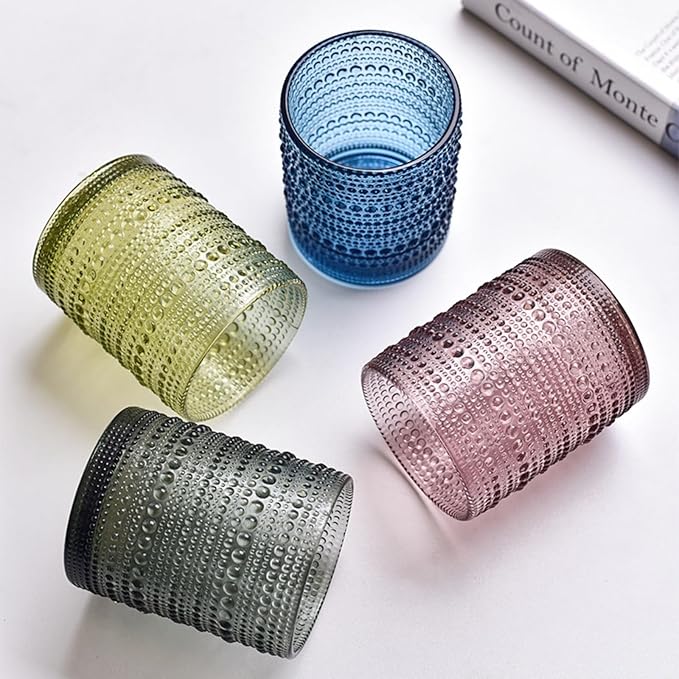 XKXKKE Hobnail Beaded Drinking Glasses Set of 6, 12 oz Vintage Glassware Set Romantic Water Glasses Tumbler, Water Cups, Clear Embossed Glassware Set for Beer, Juice, Cocktail, Soda, Beverages Purple