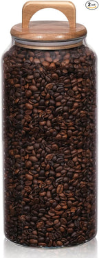 WHJY 2 pack 1/2 Gallon Glass Jars with Wood Lids Flour Sugar Storage Containers for Kitchen Pantry Large Airtight Clear Canister for Coffee Bean Snacks Dried Goods