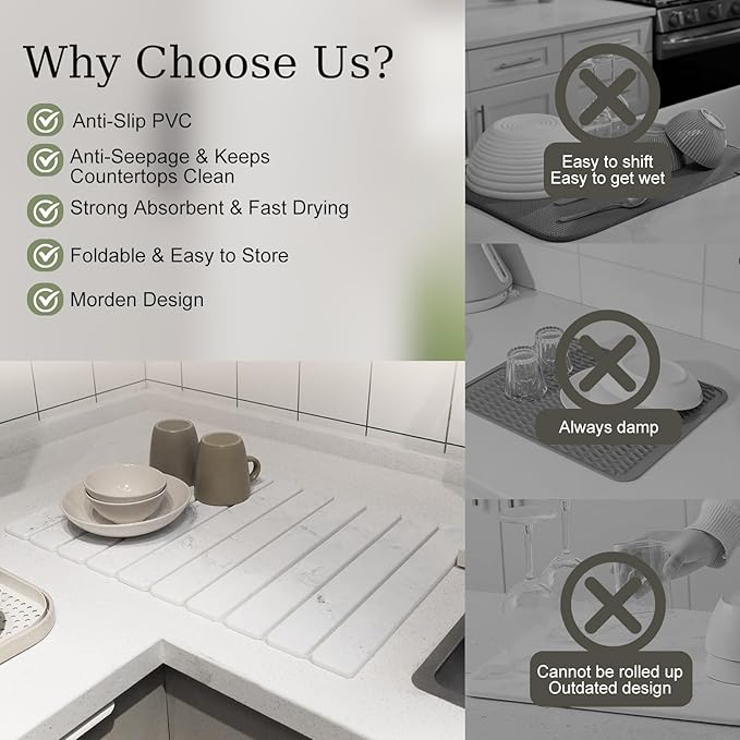 Hopegiver Stone Drying Mat for Kitchen Counter, 23.62"x15.35" Gray Marble Quick Dry Mat, Absorbent Diatomaceous Earth Dish Mat for Dishes Plants Pet Feeding, Collapsible Design Includes Sanding Sponge