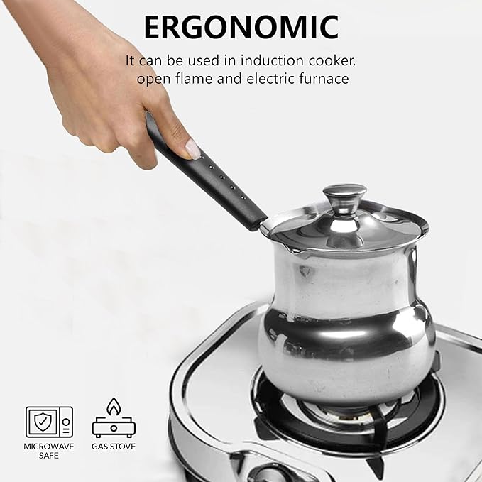 Turkish Coffee Pot with Lid: Stainless Steel Mini Saucepan Chocolate Melting Pot, Milk Warmer Butter Warmer for Stove Top Espresso Coffee Tea Soup Warming (700ML)