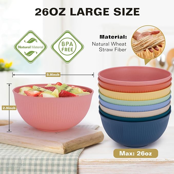 Wheat Straw Bowls, 26 Oz Unbreakable Plastic Soup Salad Cereal Bowls Sets of 8, Lightweight Reusable Microwave Dishwasher Safe BPA-Free for Kitchen Camping Ramen Snack, Multicolor