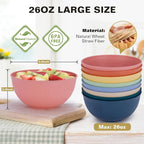 Wheat Straw Bowls, 26 Oz Unbreakable Plastic Soup Salad Cereal Bowls Sets of 8, Lightweight Reusable Microwave Dishwasher Safe BPA-Free for Kitchen Camping Ramen Snack, Multicolor