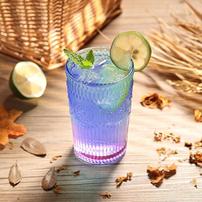 6pcs Vintage Drinking Glasses Set, 12 oz Glass Cups, Embossed Ribbed Glassware Drinking Glasses for Cocktail, Water, Juice, Coffee, Whiskey