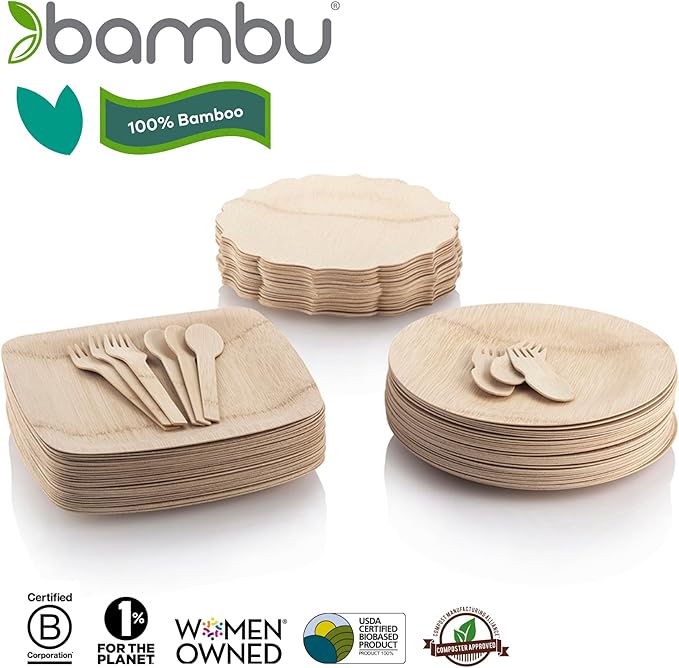 Bambu Pack of 8 - 7 Inch Disposable Bamboo Plates Fancy, Biodegradable Eco Friendly Products, Bamboo Disposable Plates for Events, Compostable Plates