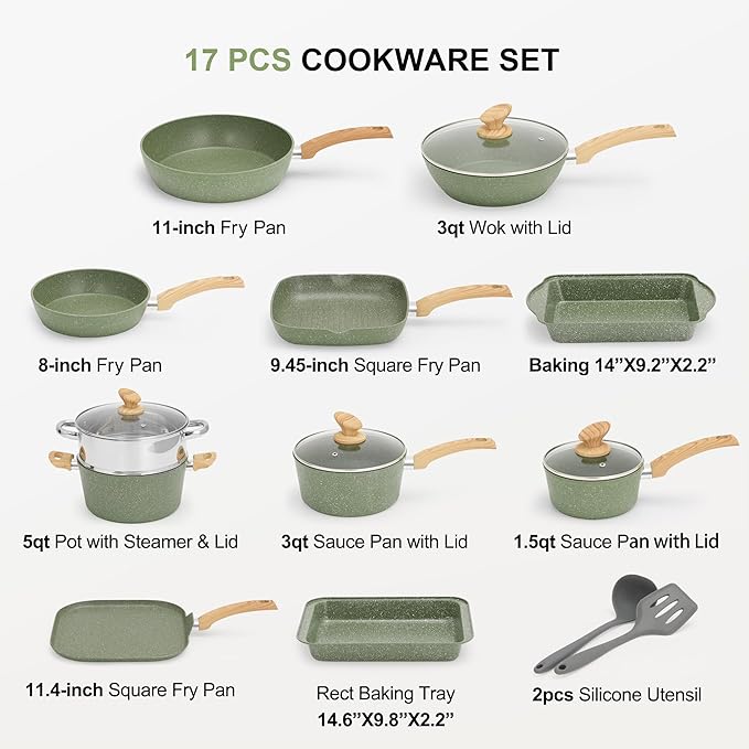 MAISON ARTS 17 Piece Green Pots and Pans Set Non Stick Granite, Non Toxic Induction Kitchen Cookware Sets, Pan and Pot Sets for Cooking Nonstick
