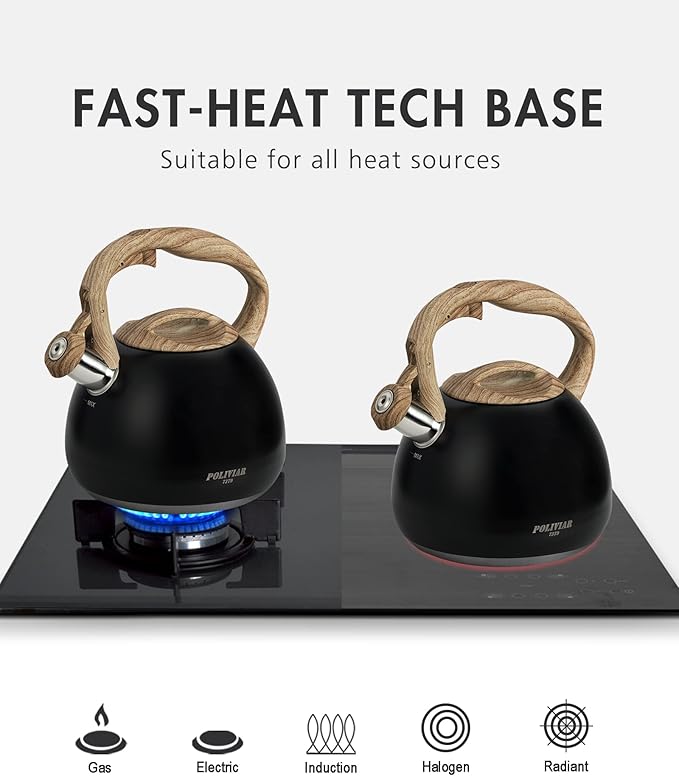POLIVIAR Tea Kettle, Black Ti Stovetop Tea Kettle 2.7 Quart , Audible Whistling Teapot, Food Grade Stainless Steel for Anti-Rust and Anti Hot Handle, Suitable for All Heat Sources (JX2018-WB20)
