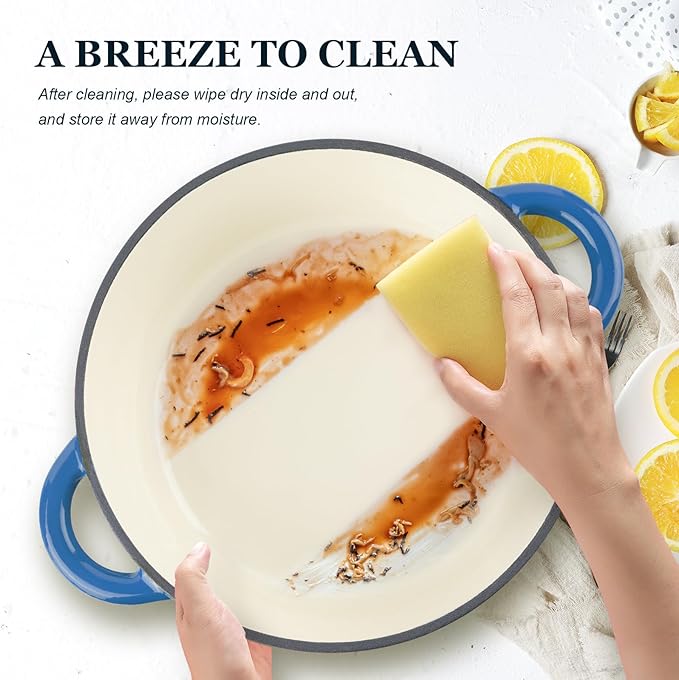 Overmont Enameled Cast Iron Dutch Oven - 7QT Pot with Lid Cookbook & Cotton Potholders - Heavy-Duty Cookware for Braising, Stews, Roasting, Bread Baking blue