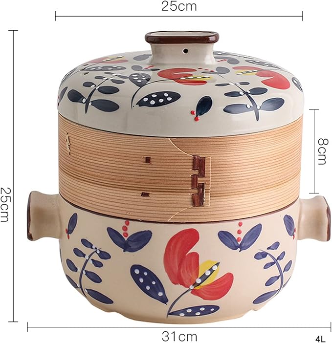 Japanese Casserole Pot with Handles for Cooking, Ceramic Casserole Clay Pot Steam Stew Pot with Steamer Basket,A,4L