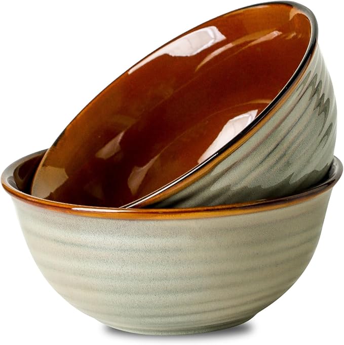Mixing Bowls 65oz,Large Deep Ceramic Bowls for Kitchen Prep, Baking,Salad, Pasta, Ramen, Soup, Serving,Microwave & Dishwasher Safe Set of 2,Durable Matte Finish,Vintage Brown