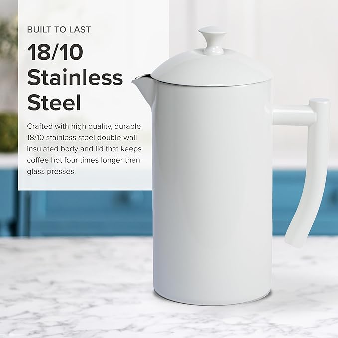 Frieling Double-Walled French Press Coffee Maker - Stainless Steel Coffee Maker with Reusable Filter (34 Fl Oz, White)