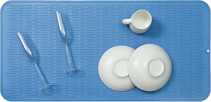 Silicone Dish Drying Mat for Multiple Usage,Easy clean,Eco-friendly,Heat-resistant Silicone Mat for Kitchen Counter or Sink,Refrigerator or Drawer Liner Lichen BlueL 5XL 36inches x 18inches