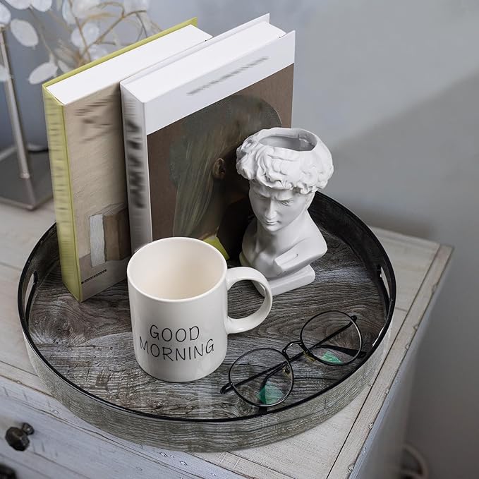 MAONAME 13" Round Decorative Tray, Plastic Tray with Handles, Coffee Table Trays, Serving Trays for Ottoman, Bathroom, Kitchen (Sticker Wood Grain)