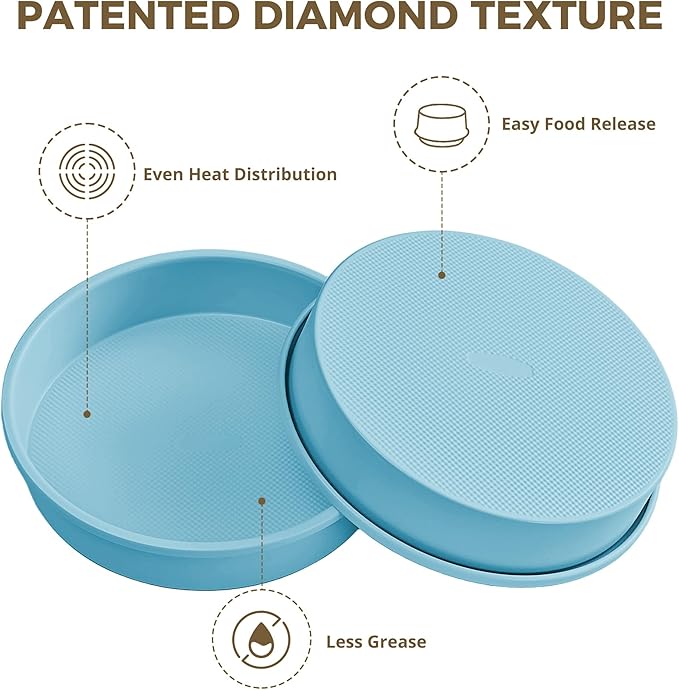 HONGBAKE 9 Inch Round Cake Pan Set of 2, Nonstick Ceramic Coating Cake Molds with Diamond Texture, Aluminized Steel Cake Pans Sets for Baking & Cheesecake, Heavy Duty & Non-Toxic (Light Blue, 2PCS)