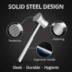 Stainless Steel Meat Tenderizer Hammer – Heavy-Duty All-Metal Design, Anti-Rust & Dishwasher Safe – Textured Surface for Steak, Chicken, Pork, and More