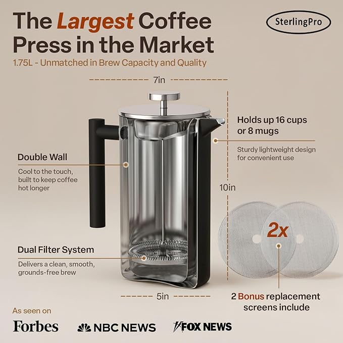 Extra Large French Press Coffee Maker 59 oz (1.75L), Large Capacity Stainless Steel Big French Press XL, Thermal Insulated Black Coffee Maker with Double Walled Insulation, Black
