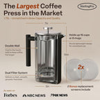 Extra Large French Press Coffee Maker 59 oz (1.75L), Large Capacity Stainless Steel Big French Press XL, Thermal Insulated Black Coffee Maker with Double Walled Insulation, Black