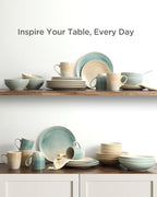 Famiware Glacier Dinnerware Sets, Plates and Bowls Dish Sets for 6 (18 Pieces), Stoneware Tableware - Dishwasher and Microwave Safe, Handcrafted Reactive Glaze, Aqua