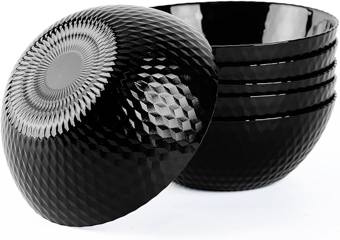 27 OZ Max Cereal Soup Bowl Set of 6, Thin Light & Durable Opal Glass 7.2 inch Black Geometric Faceted Bowls for Ramen, Noodle, Salad, Fruit, Dishwasher and Microwave Safe