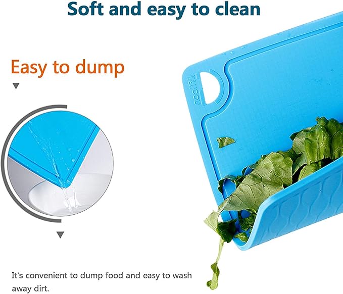 Silicone Thick Cutting Boards Mats Set of 3pcs Foldable & Flexible Design Juice Grooves Easy Grip Handle Dishwasher Safe for Kitchen,BPA free Chif-Blue