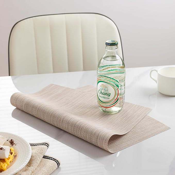 LEXMORE PlaceMats Set of 12 Vinyl/Plastic Woven Place Mats for Kitchen Table Indoor/Outdoor Washable PlaceMat Wipeable Dining Table Mats(Beige)