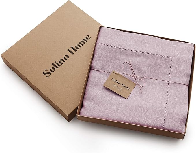 Solino Home Lilac Linen Tablecloth 60 x 132 Inch - 100% Pure Linen Hemstitch Table Cloth for Rectangle Tables - Classic Hemstitch, Machine Washable Tablecloth for Summer