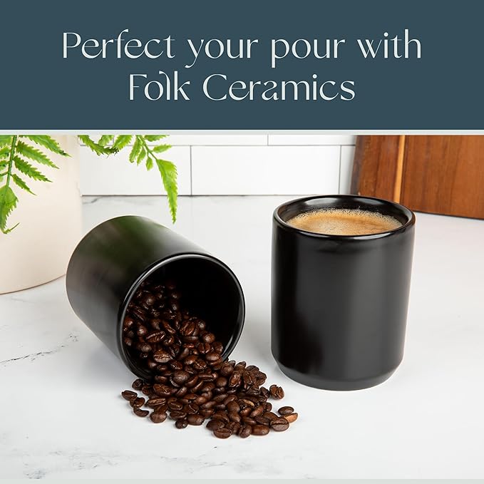 Folk Ceramics Dylan Ceramic Cappuccino Cups Set | Double Walled Ceramic Coffee Mug Set | Compact & Heat Insulated Cappuccino, Tea, Coffee & Latte Cup | 8oz, Set of 2 | Matte Black