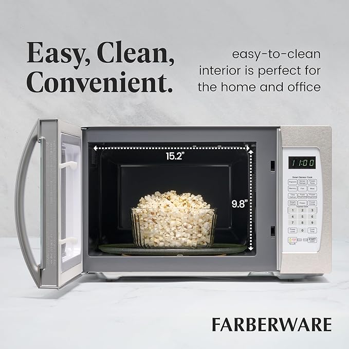 Farberware Countertop Microwave 1100 Watts, 1.3 cu ft - Smart Sensor Microwave Oven With LED Lighting and Child Lock - Perfect for Apartments and Dorms - Easy Clean Retro White, Platinum