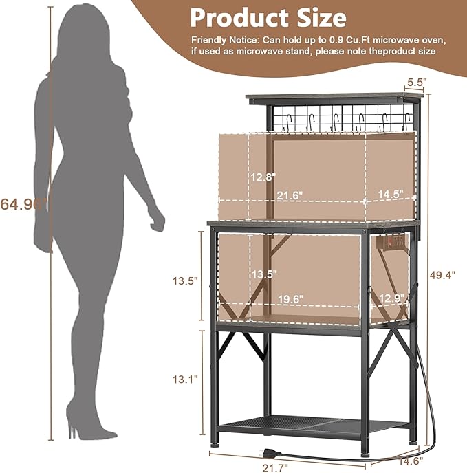 Furologee Kitchen Bakers Rack with Power Outlet, Coffee Bar Station with Storage 4 Tiers, Microwave Oven Stand with 6 S Hooks, Kitchen Storage Shelves Rack for Spices, Pots, Black Oak