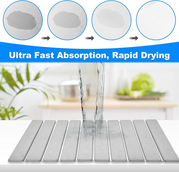 Large Stone Dish Drying Mat for Kitchen Counter,24"(L)×16"(W),Collapsible Quick Dry Dish Drying Mat,Diatomaceous Earth Mats for Cutlery, Pots and Bottles,Match Any Countertop