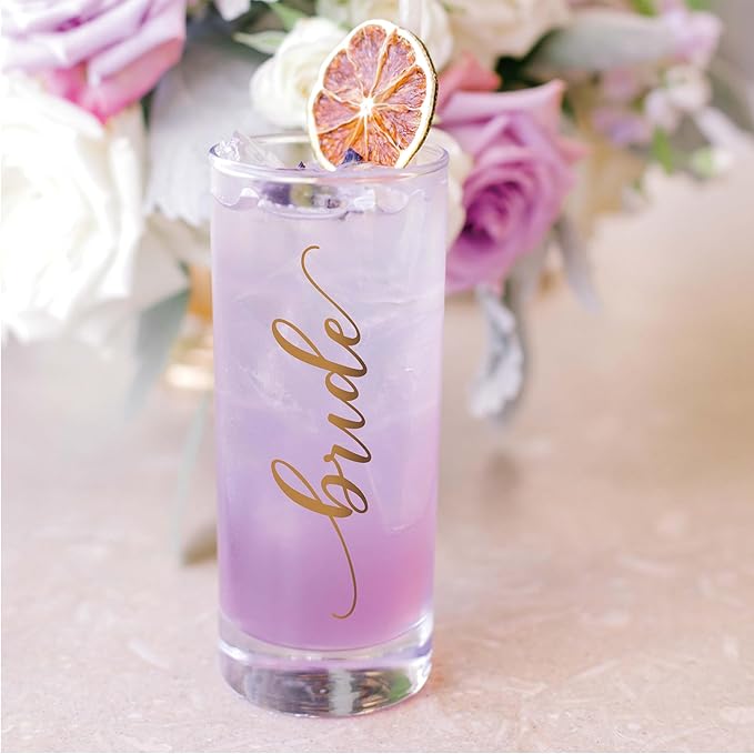 LADY&HOME Bachelorette Party Decorations Highball Glasses,13oz Tall Glass Cups,Bridesmaid Gifts Bridal Shower Gifts Gold Embossed,1 Count(Bride)