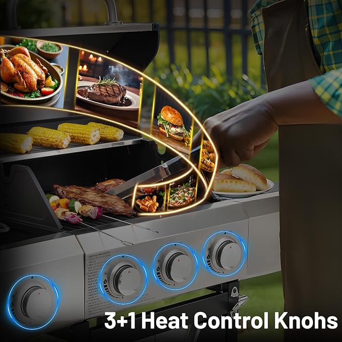 3-Burner Propane Gas BBQ Grill with Side Burner, 40,500 BTU Stainless Steel Gas Grill with Rain Cover for Outdoor, Camping, Barbecue Grilling Backyard Cooking (3+1 burners)