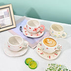 Koythin Ceramic Coffee Mug with Saucer Set, Cute Creative Cherry Bow Cup Unique Irregular Design for Office and Home, 10 oz/300 ml for Latte Tea Milk