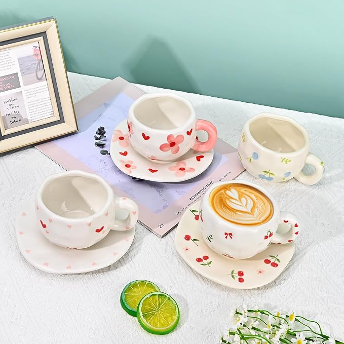 Koythin Ceramic Coffee Mug with Saucer Set, Cute Creative Fresh Fruit Cup Unique Irregular Design for Office and Home, 10 oz/300 ml for Latte Tea Milk
