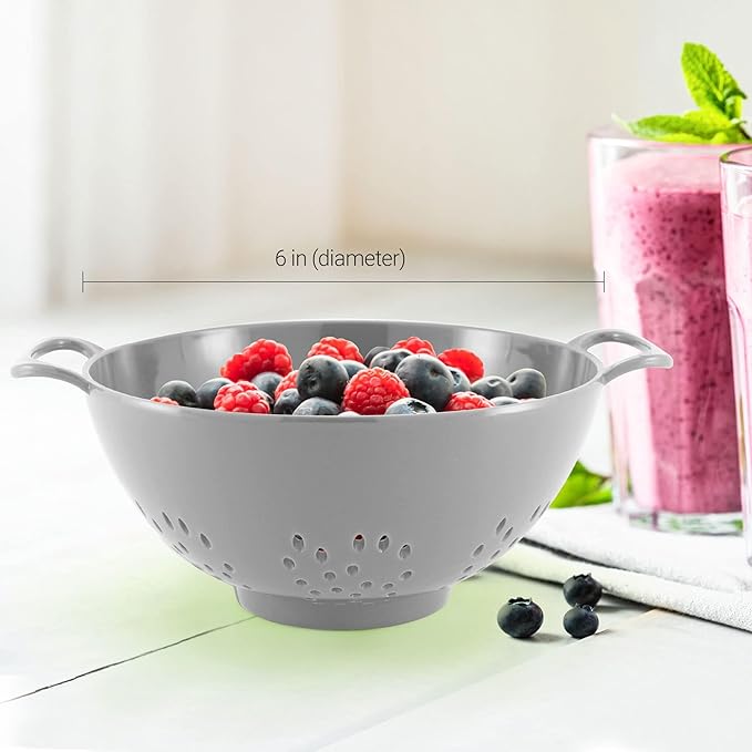Meadow Lane 6-inch Small Colander, BPA-Free, Dishwasher Safe, Double Handles, Compact Food Strainer for Berries, Veggies and Pasta, 3-Cup Capacity, Silver Gray