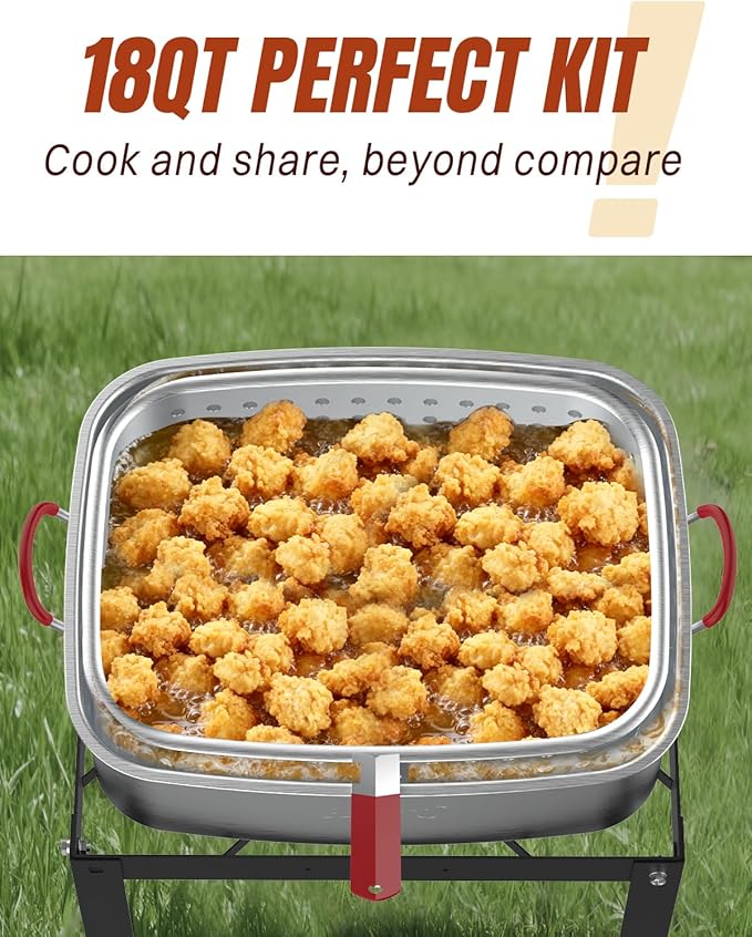 Deep Fryer Pot 18QT | Fish Fryer Pot with Basket | Heat-Resistant Silicone Handles | Lid & Fryer Tong & Thermometer | Outdoor Fryer Pot for Frying Fish, French Fries, Chicken Wings | Foldable Aluminum